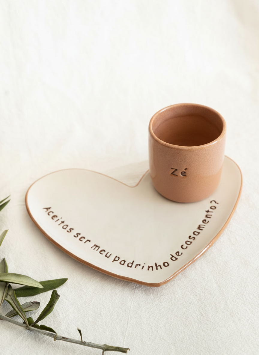 Approximate proof: the same cup re-rendered in deep terracotta at 12 cm with the name Marta stamped on the side